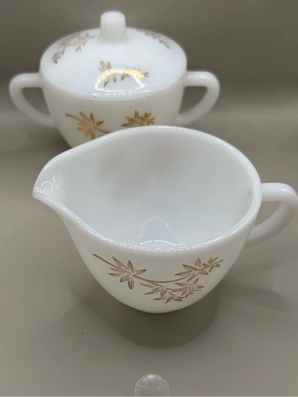 Vintage Fire King White Milk Glass Creamer and Sugar Set with Gold Leaf Pattern